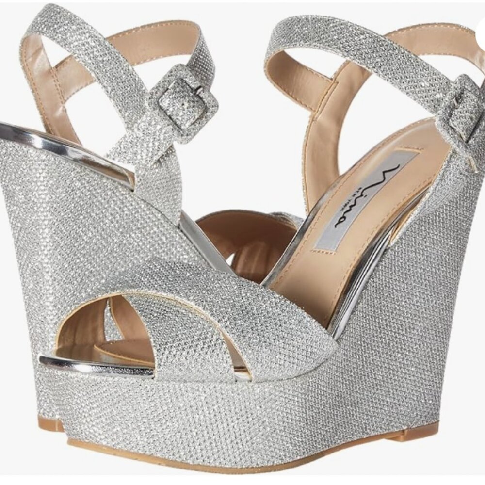 New Nina Jinjer Silver Wedge Sandals Size 9M